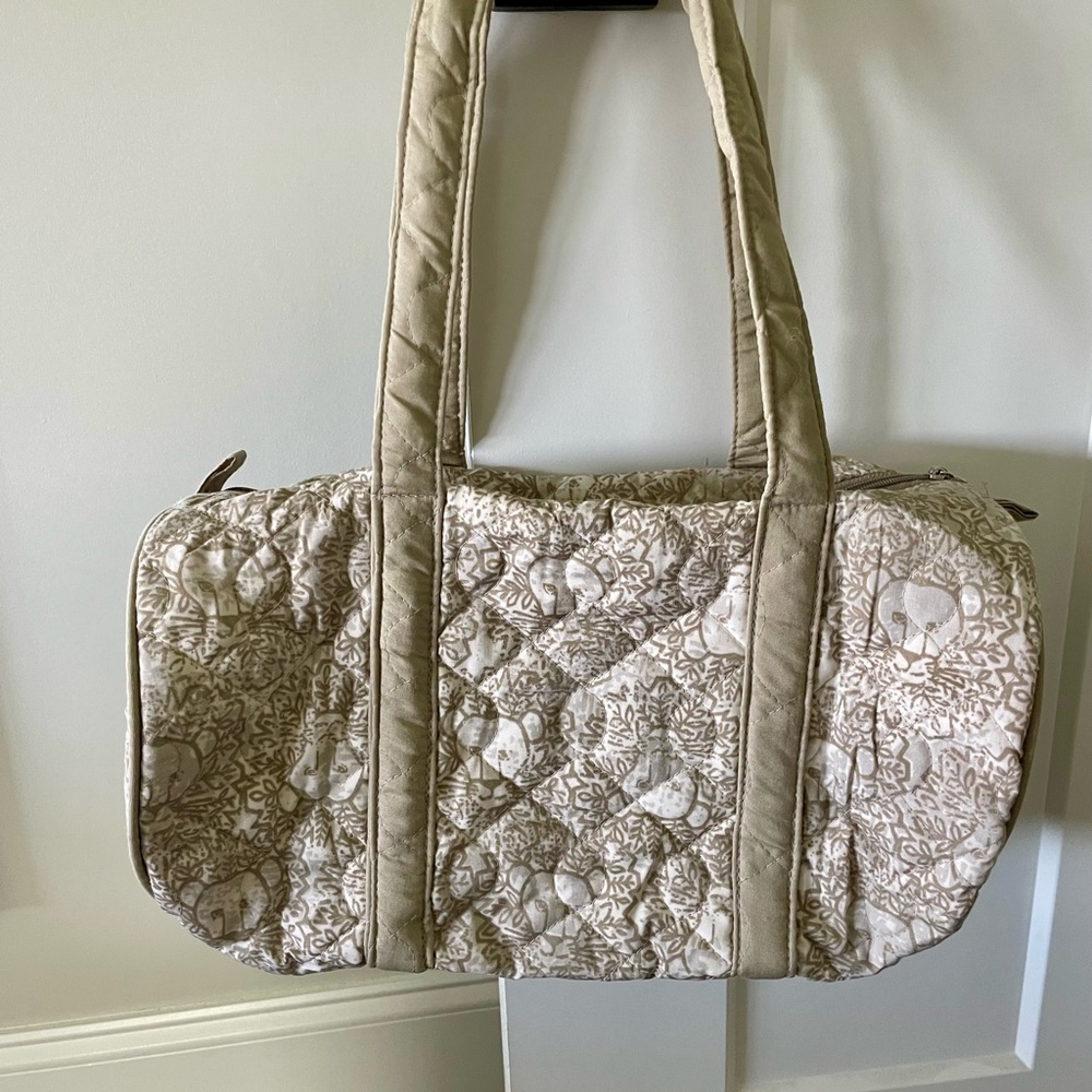 Adorable Print Beige and Cream Quilted Duffel Bag with Zip Closure